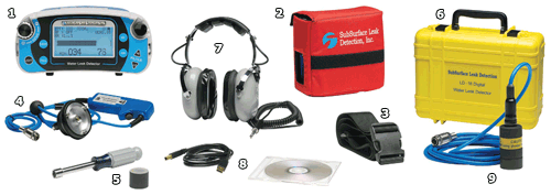 Subsurface Leak Detection LD-18 Water Leak Detector pictured with all included accessories.